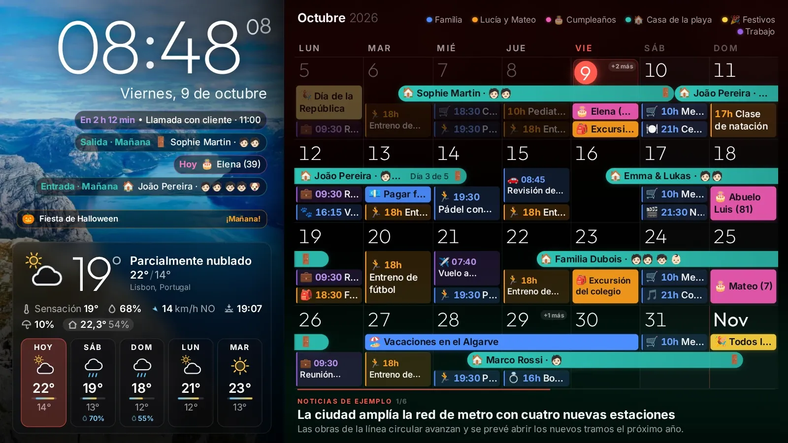 Calendario grande: El mes ocupa casi toda la pantalla, con la hora y el tiempo al lado.