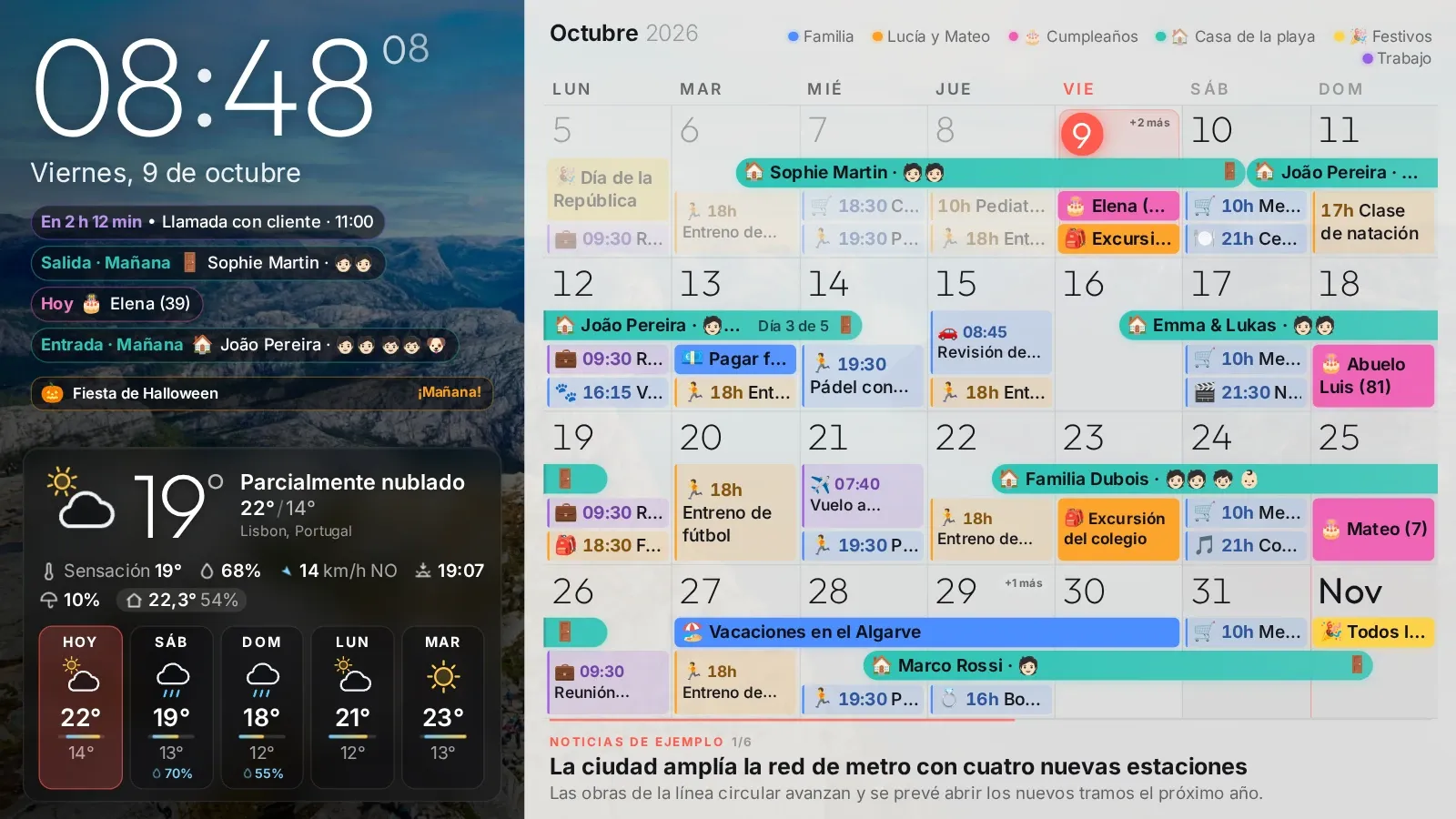 Izquierda y derecha: La hora y el tiempo en una columna, el calendario en la otra. Aquí, con el tema claro.