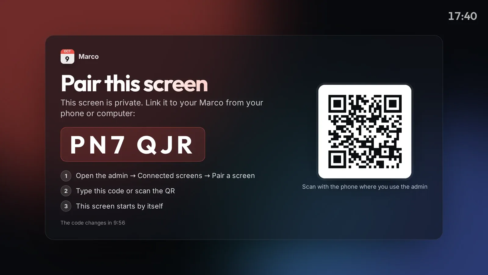 A new screen showing a pairing code and a QR code