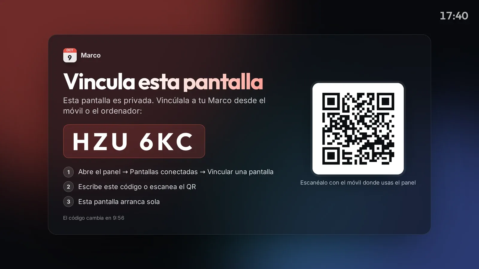 Una pantalla nueva con un código de emparejamiento y un código QR