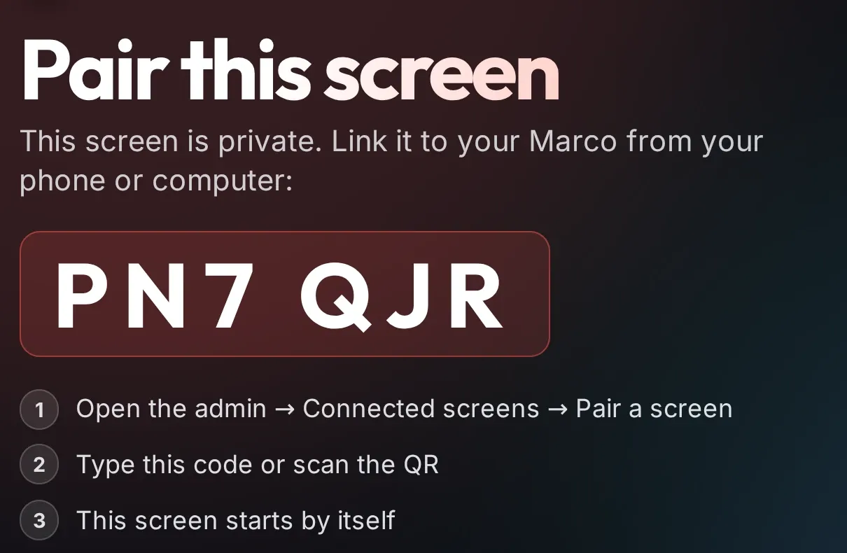 A new screen showing a pairing code and a QR code