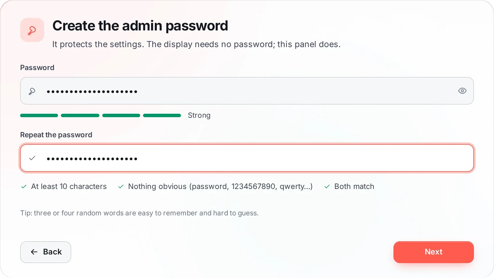 Setup wizard screenshot, step 2: Password