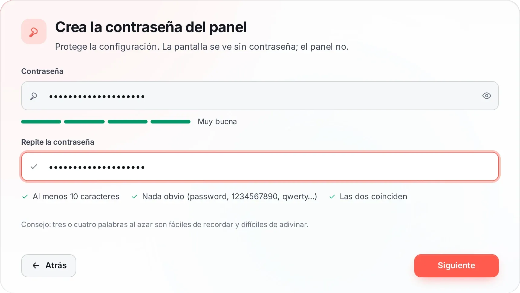 Captura del asistente de configuración, paso 2: Contraseña