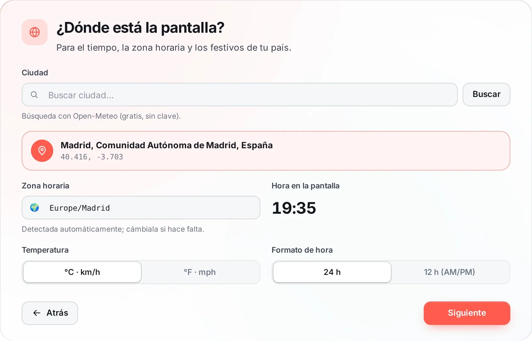 Captura del asistente de configuración, paso 3: Ubicación