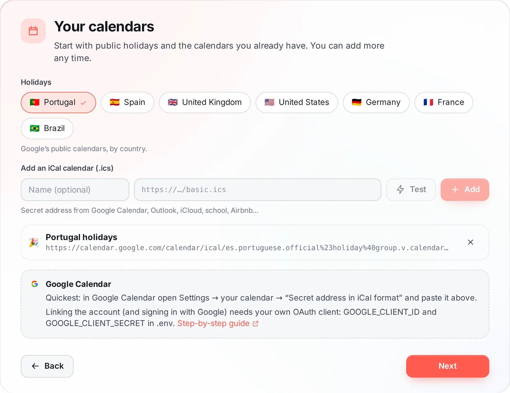 Setup wizard screenshot, step 4: Calendars