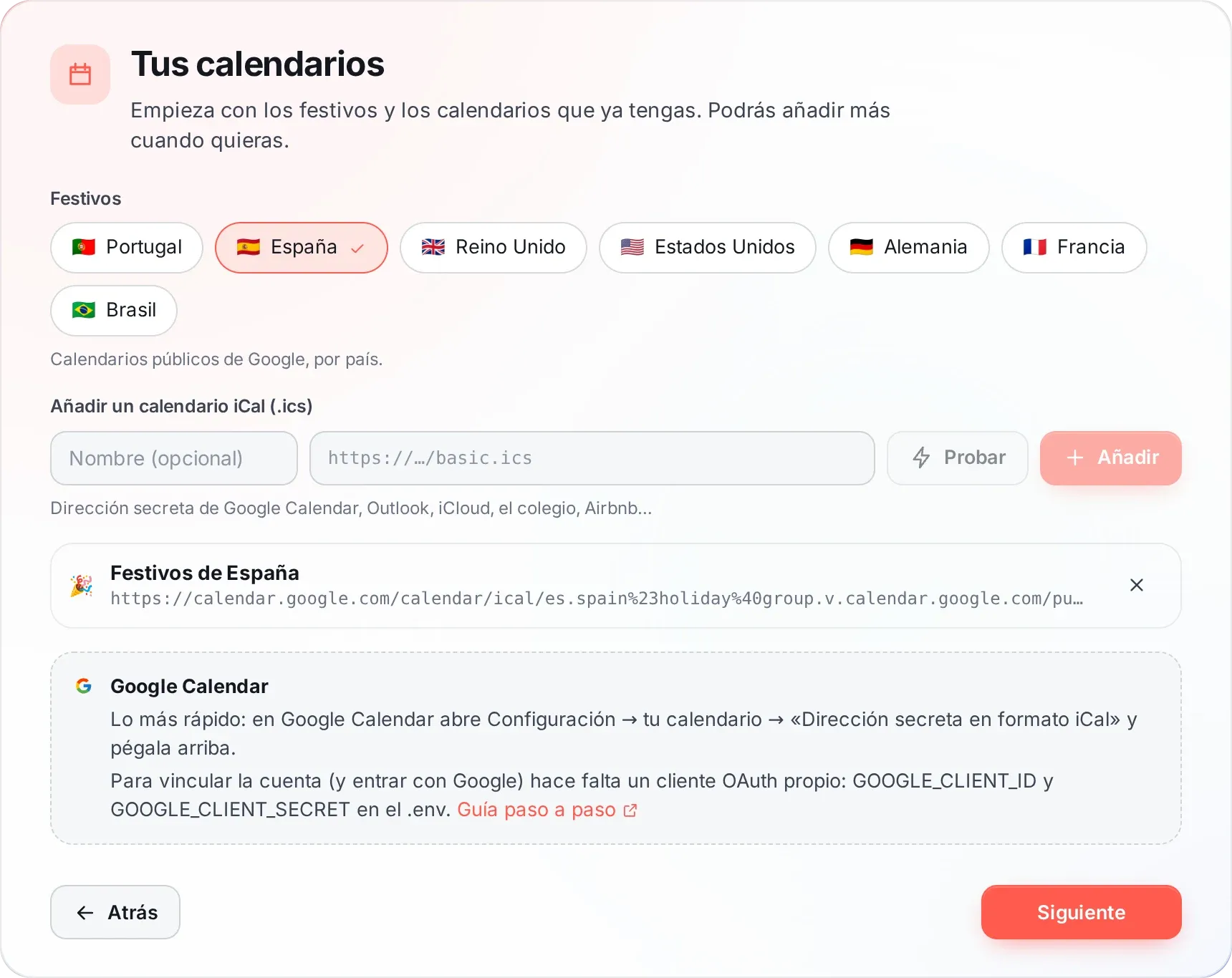 Captura del asistente de configuración, paso 4: Calendarios