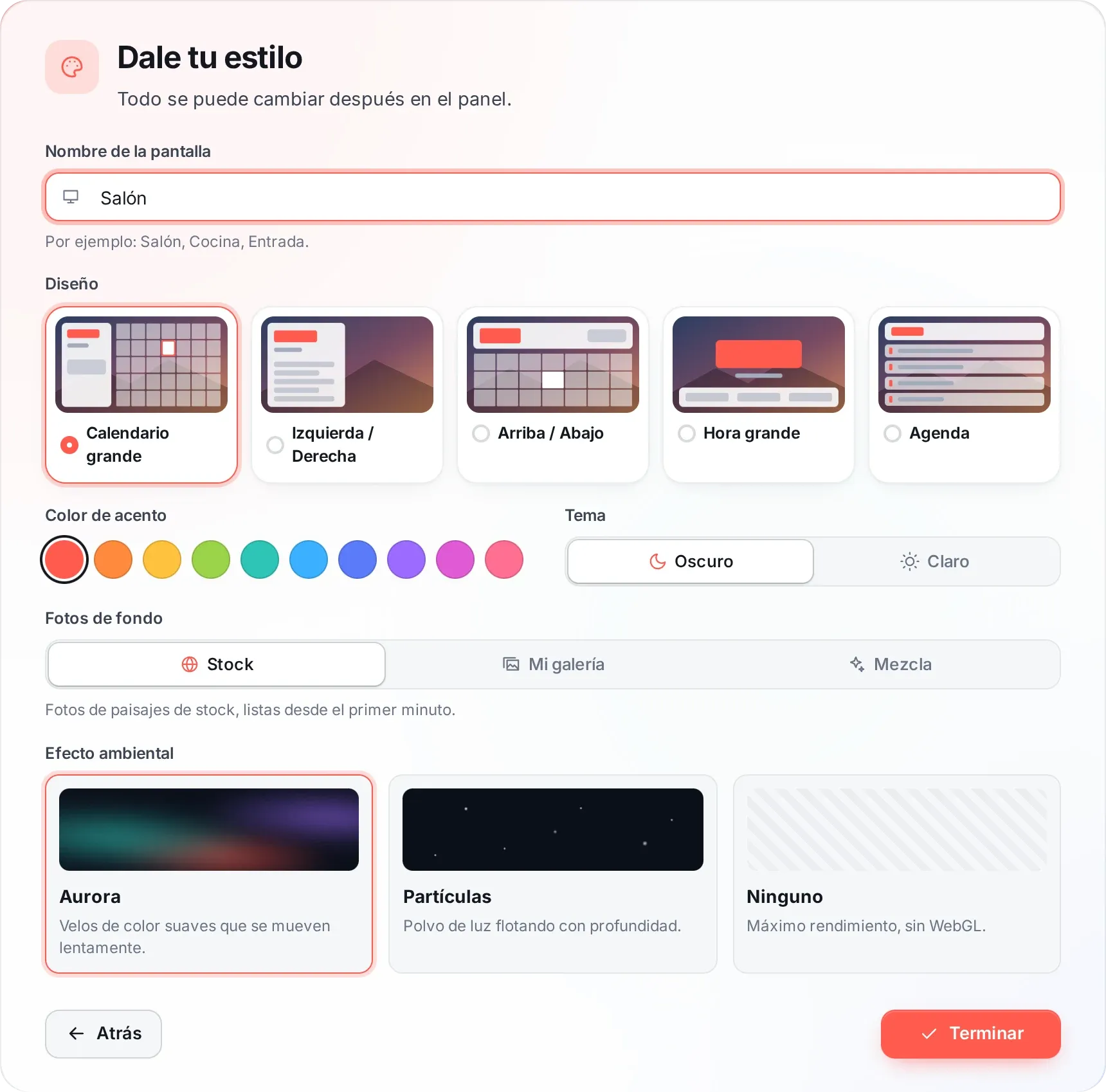 Captura del asistente de configuración, paso 5: Aspecto