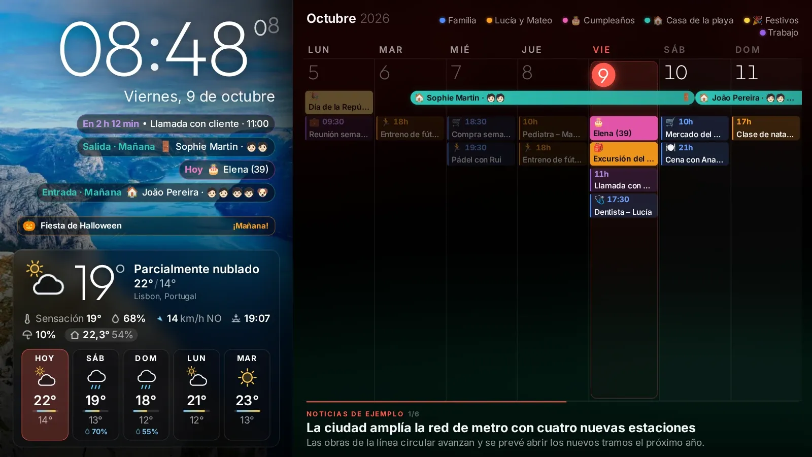 Vista semanal: Siete columnas, hora a hora, en cualquier diseño.